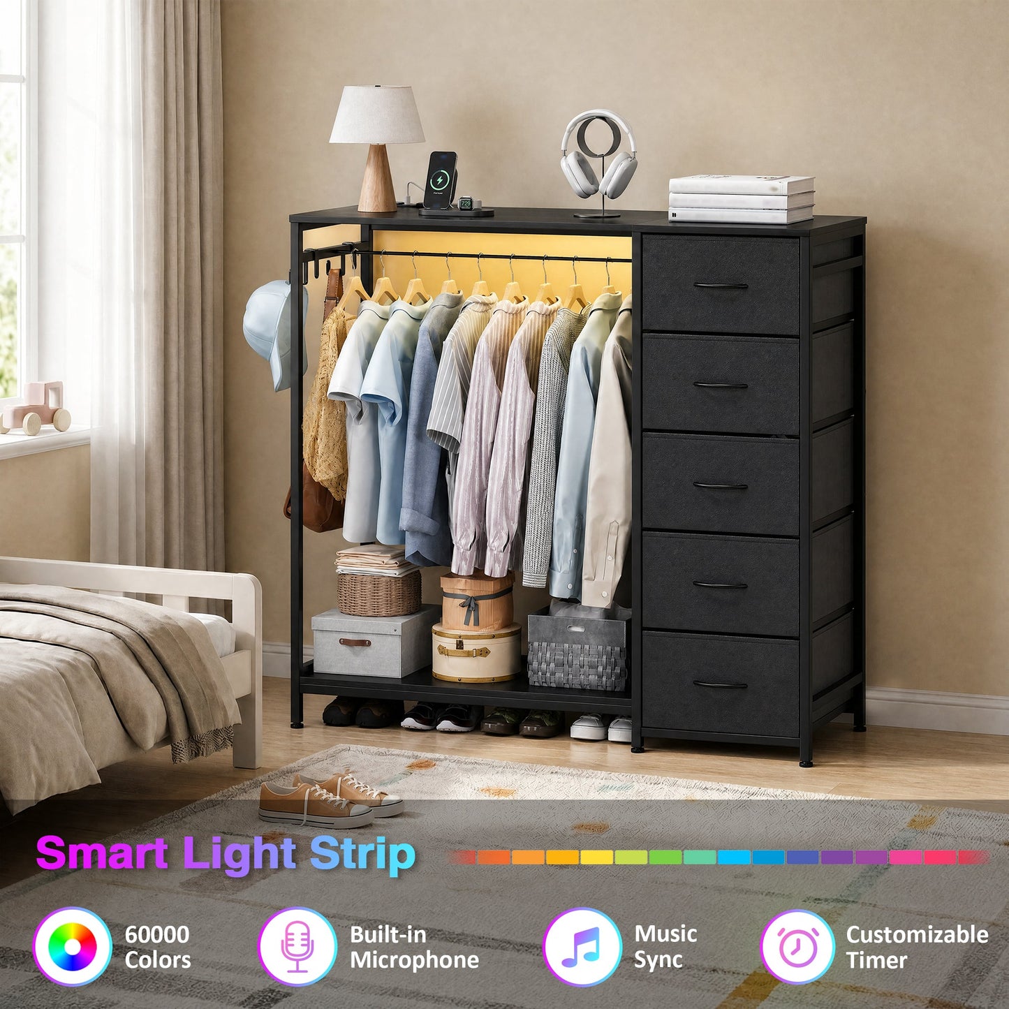 Advwin Fabric Chest of Drawers with Hanging Rack