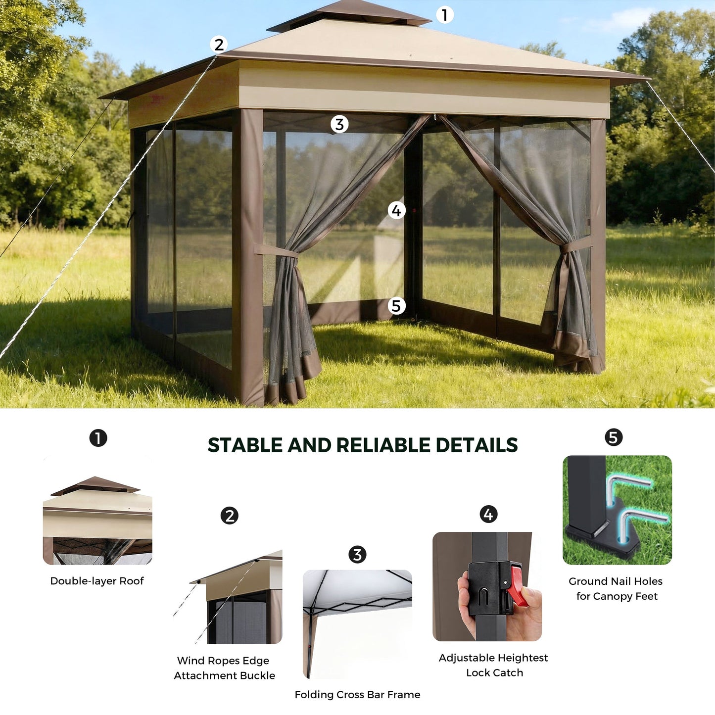 Advwin 3.3x3.3m Double Roof Gazebo Marquee with Mesh Panels
