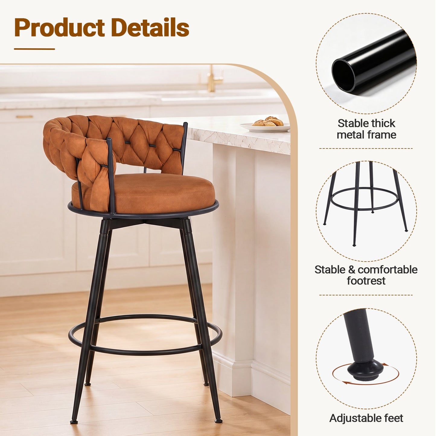 Advwin Set of 2 360° Swivel Bar Stools with Backrest