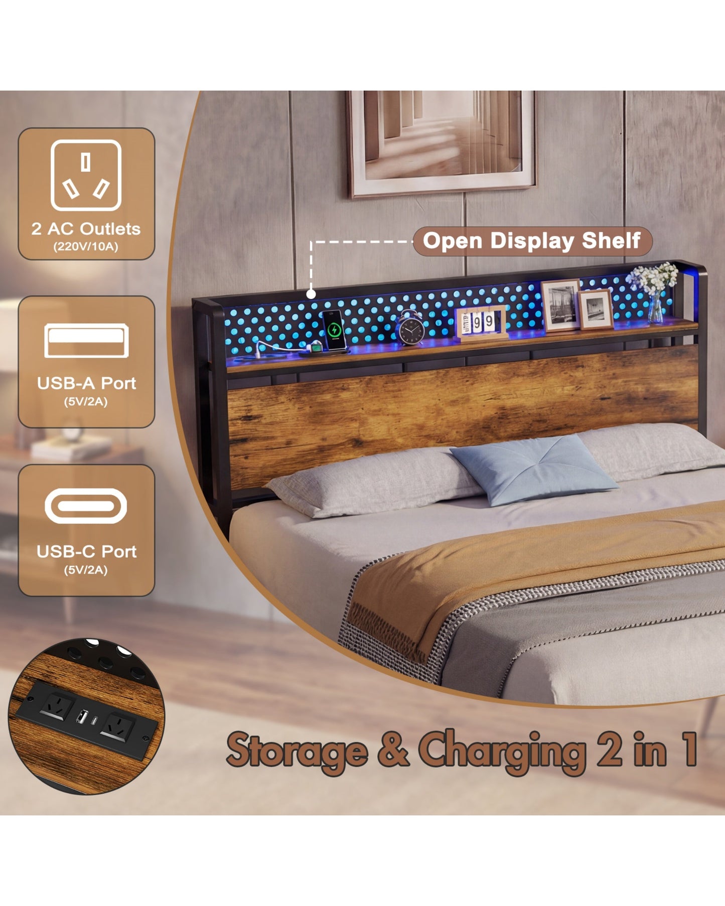 Advwin LED Bed Frame w/ Charging & 2 Drawers