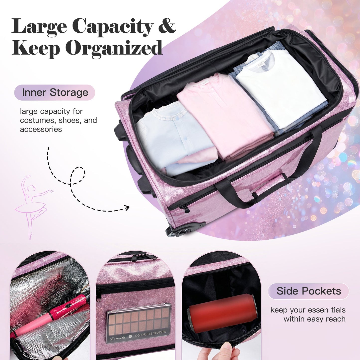 Advwin 26Inch Rolling Dance Bag with Garment Rack