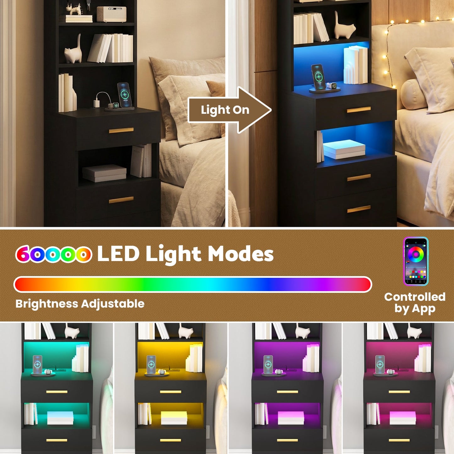 Advwin Tall Bedside Table with Charging Station