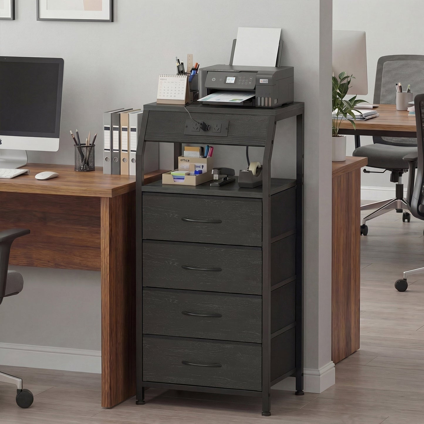 Advwin Bedside Table with 4 Drawers and Charging Station