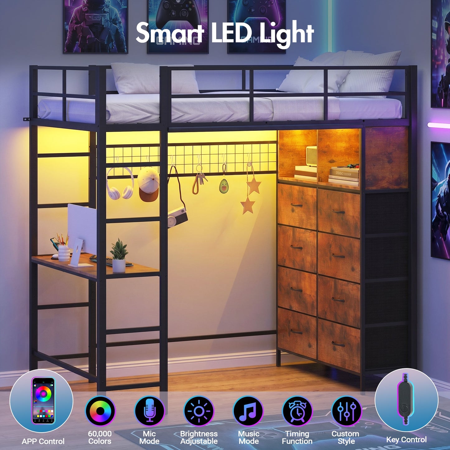 Advwin Metal Loft Bed Frame with LED & Desk