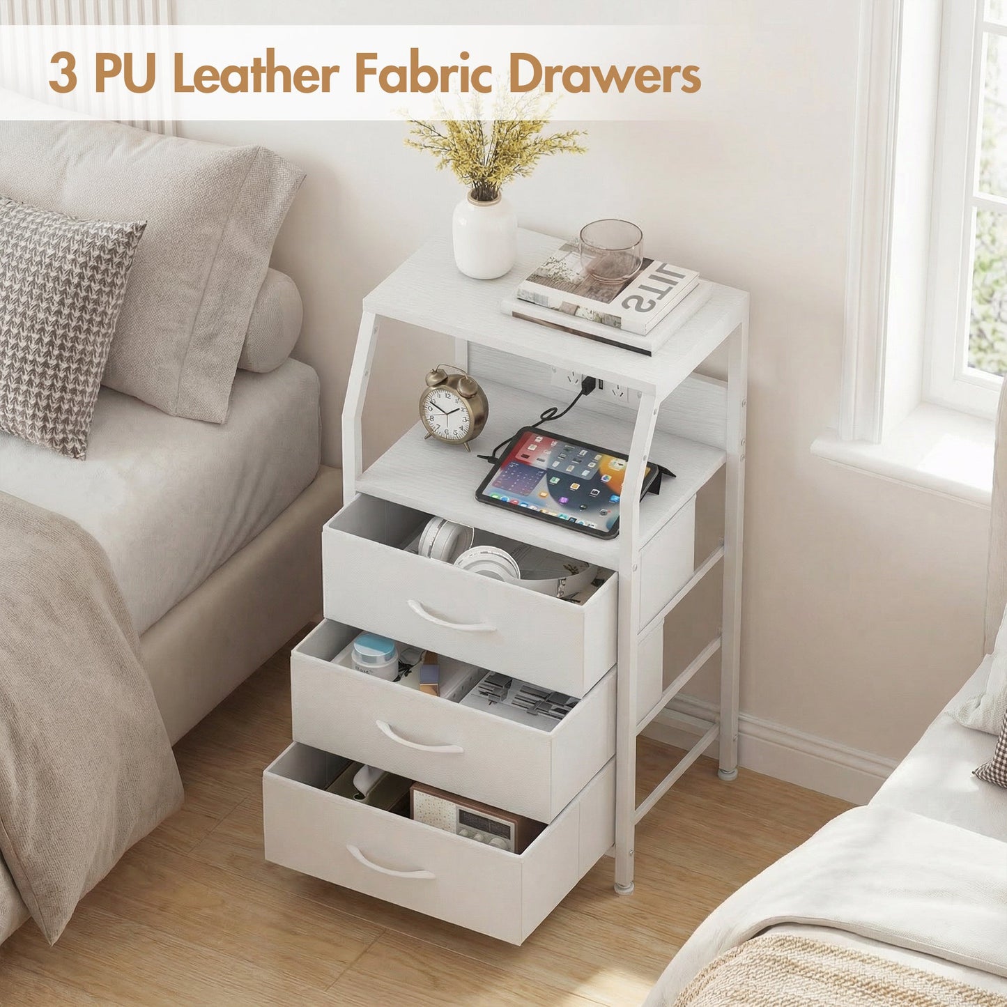 Advwin Bedside Table with 3 Drawers and Charging Station