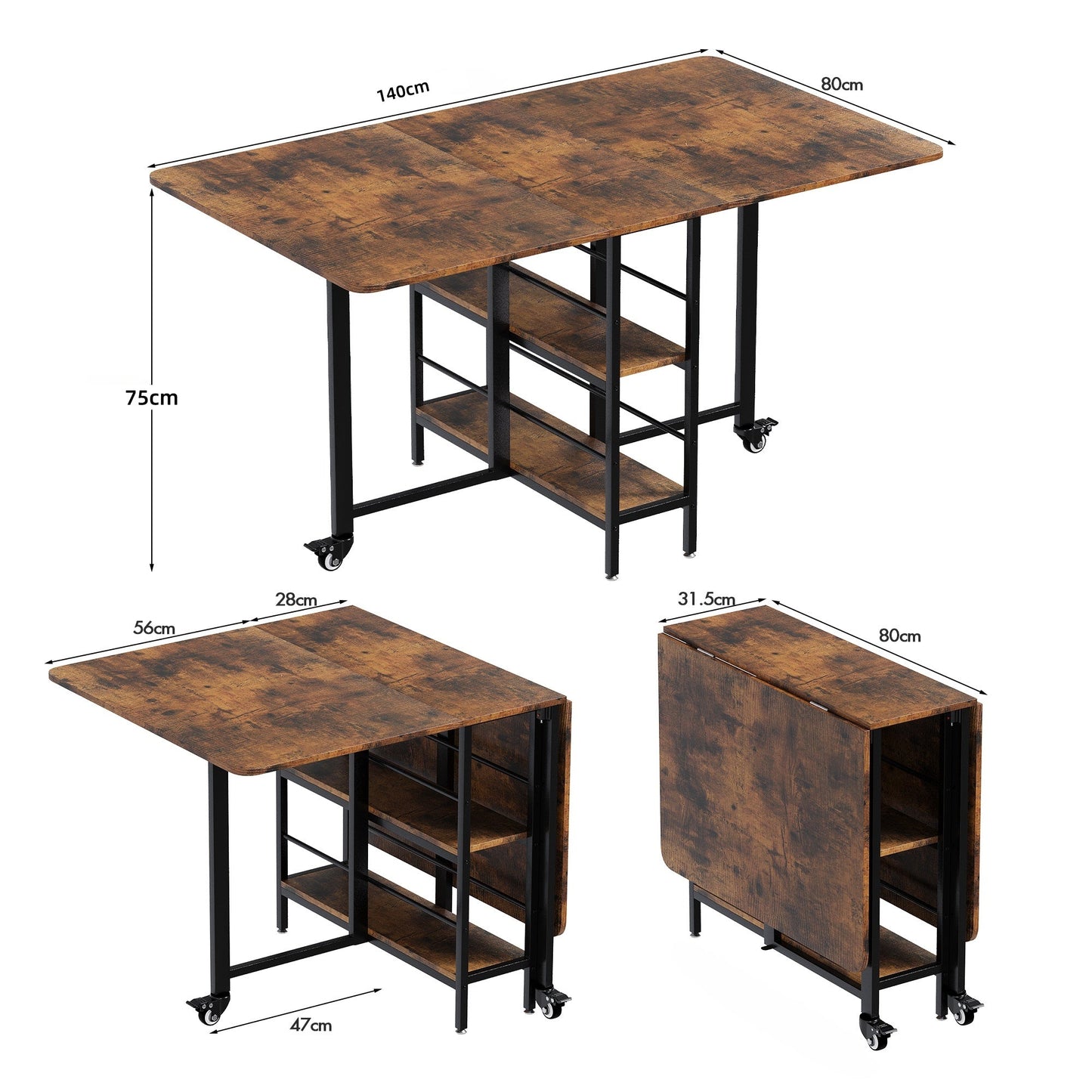 Advwin 140cm Folding Dining Table Drop Leaf Rustic