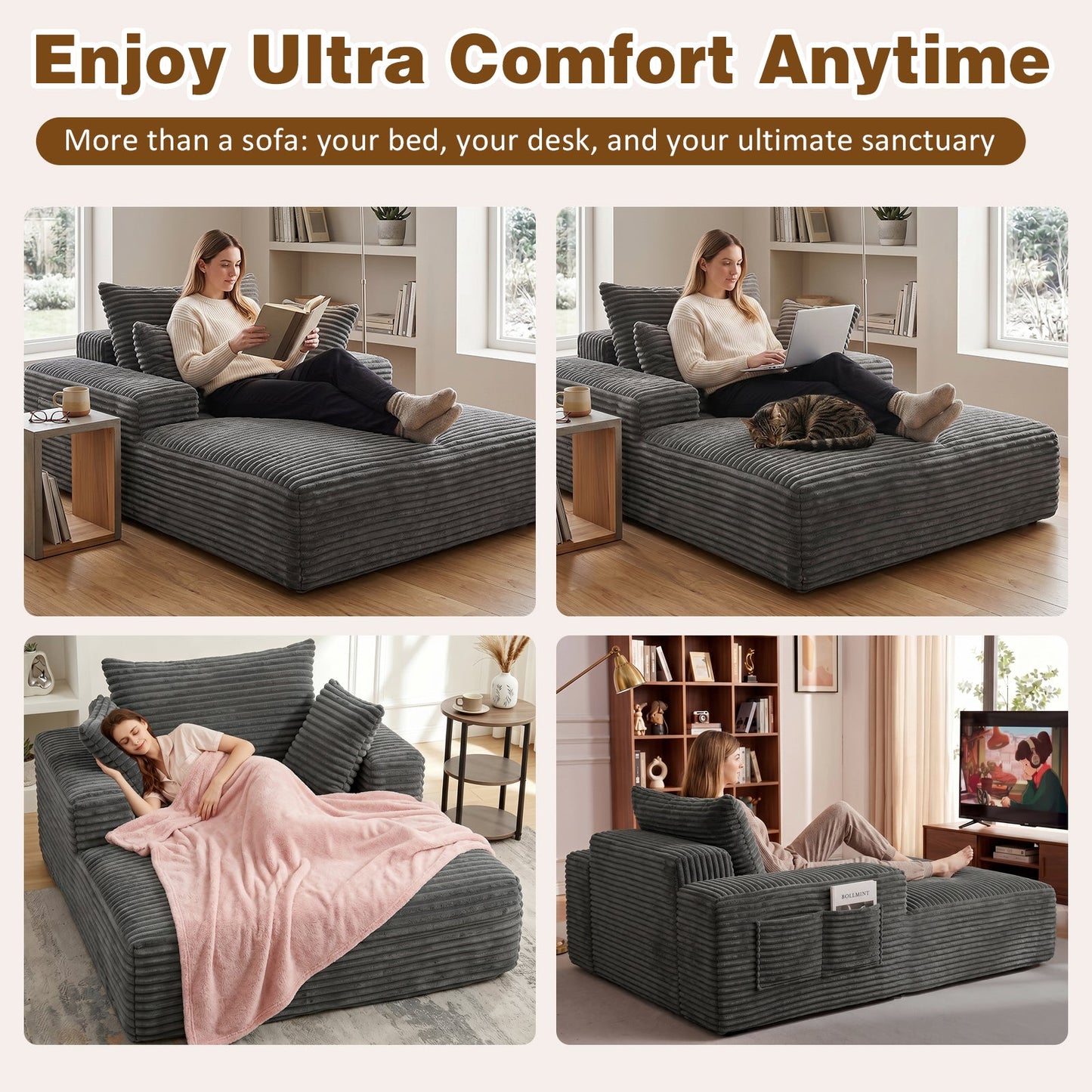 Advwin 132cm Corduroy Chaise Lounge Chair with Cushion