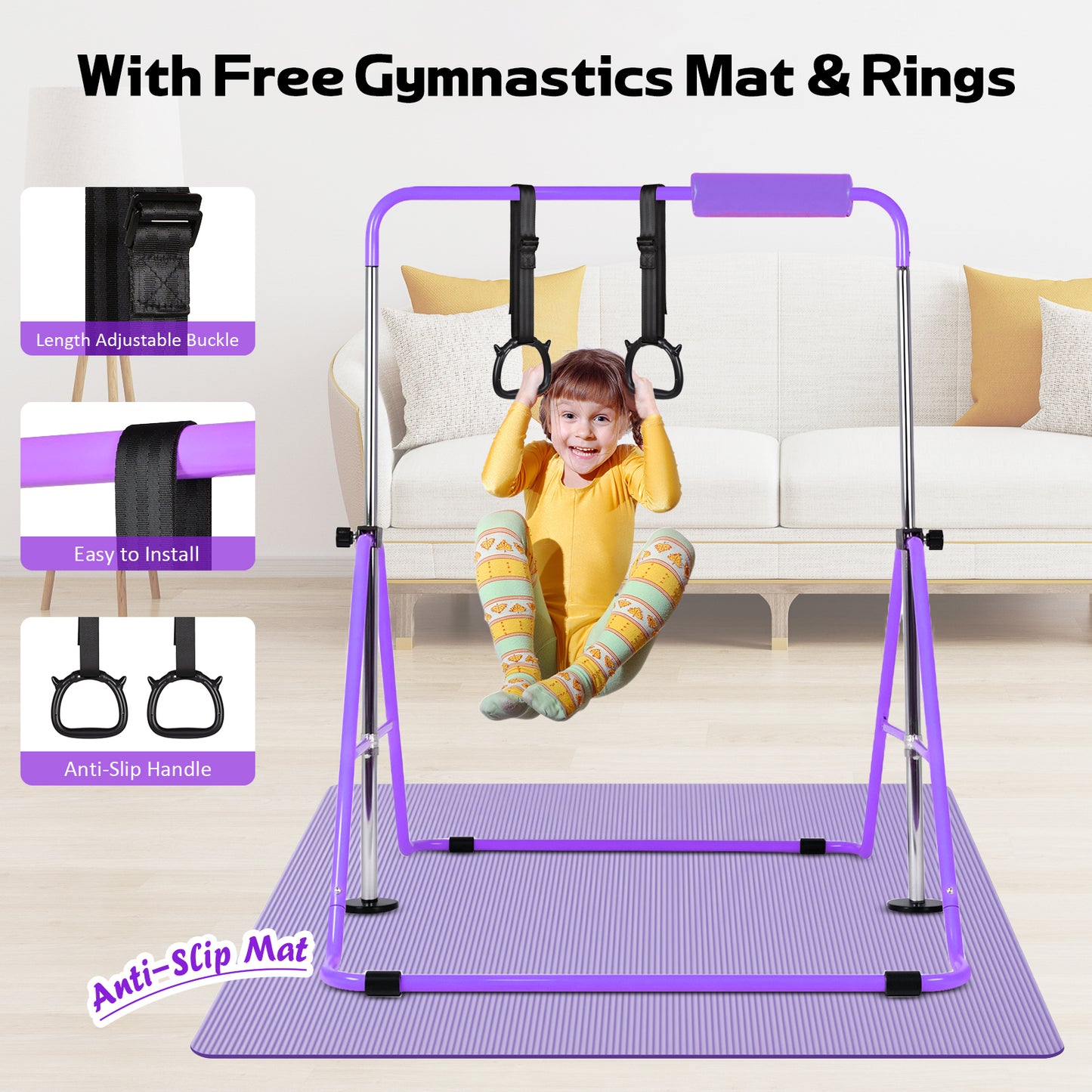 Advwin Kids Gymnastics Bar with Swing & Mat & Rings