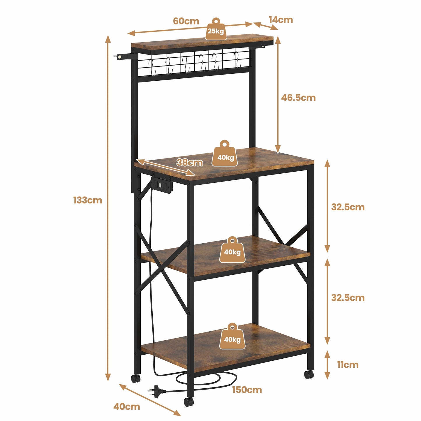 Advwin 4 Tiers Kitchen Bakers Rack with Power Outlet