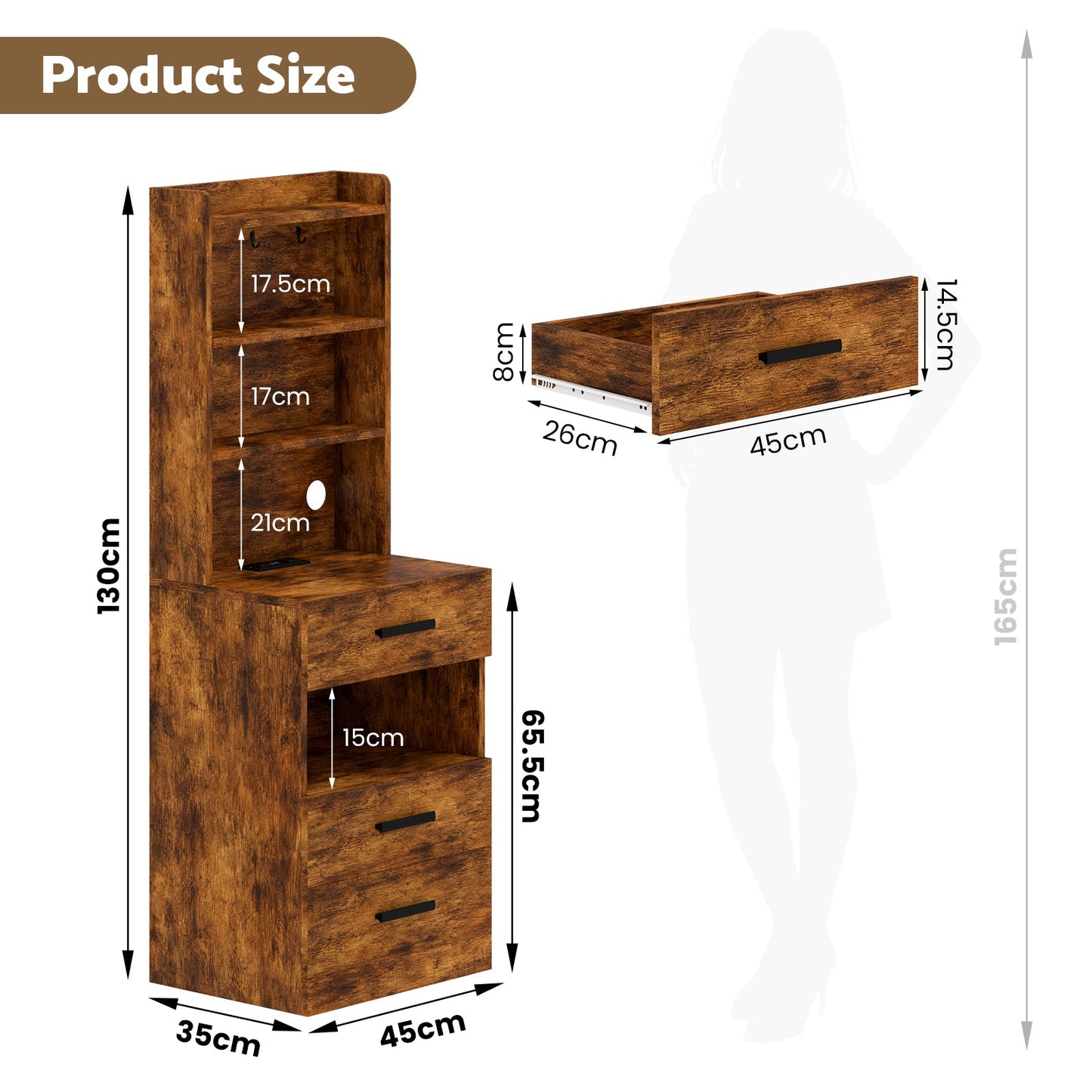 Advwin Set of 2 Tall Bedside Table with Charging Station