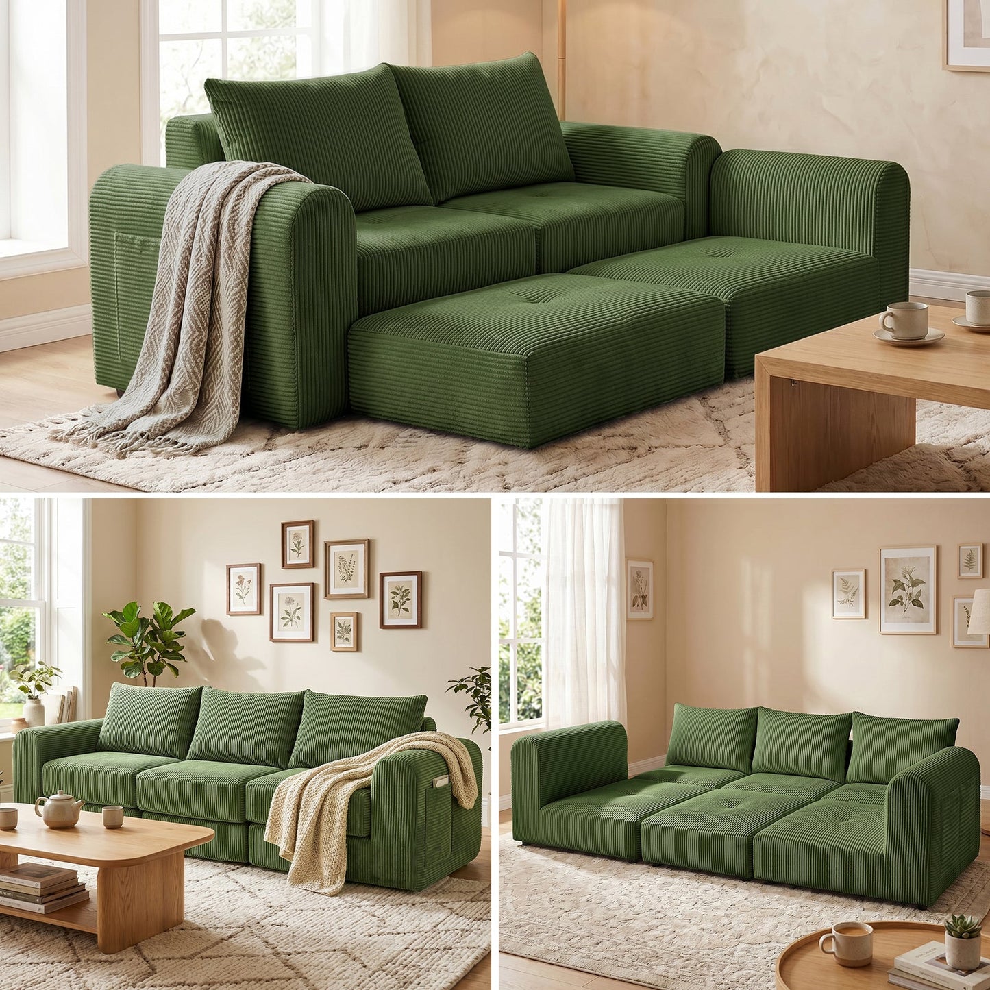 Advwin 235cm Corduroy 3-Seater Modular Sofa Bed