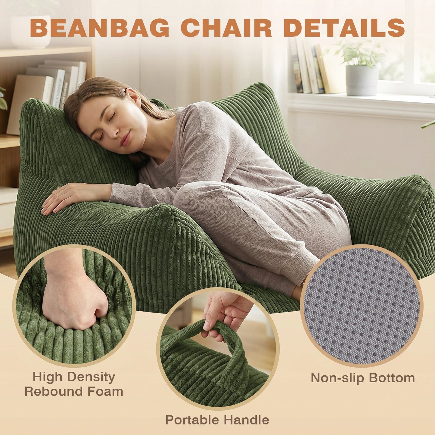 Advwin 83*90cm Corduroy Bean Bag Chair with Backrest