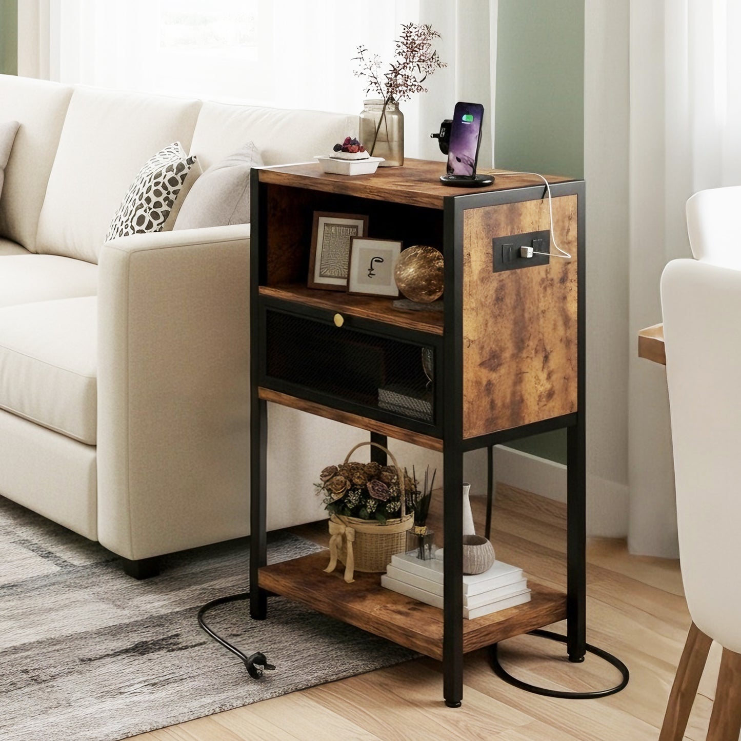 Advwin Bedside Table w/ Metal Mesh Drawer