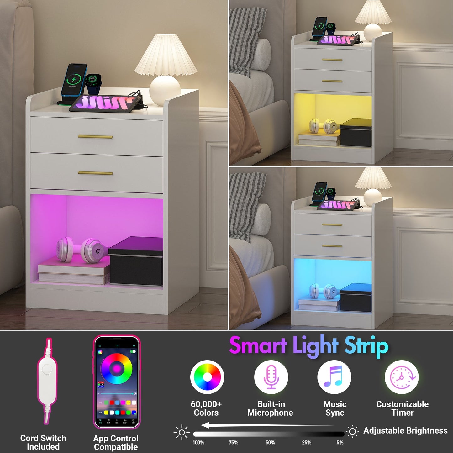 Advwin LED Bedside Table with Charging Station Set of 2